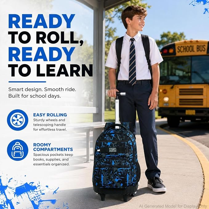 3Pcs Rolling Backpack for Boys Men, Travel Roller Backpacks with Wheels for Adults, Teens College Graffiti Wheeled Bookbag with Lunch Box(Blue)