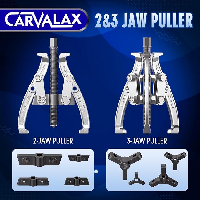 CARVALAX Gear Puller Set, Reversible 2 & 3-Jaw Puller Set, CR-V Steel 3" 4" 6" 8" Bearing Puller Kit (24pc) for Gear, Bearing, Pulley and Flywheel, Puller Tool with Black Carry Box