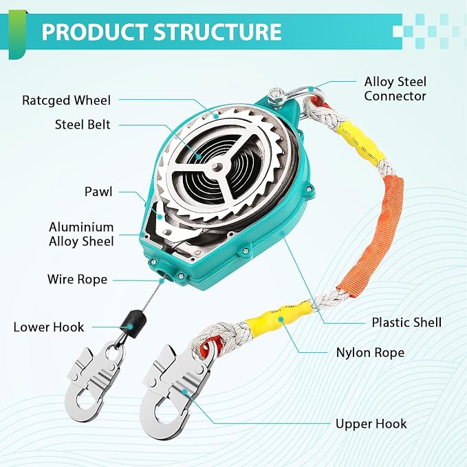 YJINGRUI 23ft/7m Self Retracting Lifeline, Heavy Duty 330lbs Retractable Safety Lanyard with Alloy Steel Hook & Aviation Wire Rope, Fall Arrest Fall Protection Device for Construction/Roof Work