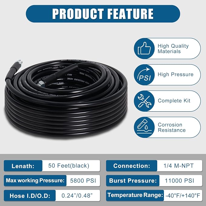 50FT Sewer Jetter Kit for Pressure Washer, 5800PSI Drain Cleaner Hose 1/4 Inch NPT Corner with 4 Sewer Jetting Nozzles，Waterproof Tape，Pearl Corsage Pin，Handle Strap & 2 Spanners (Black)
