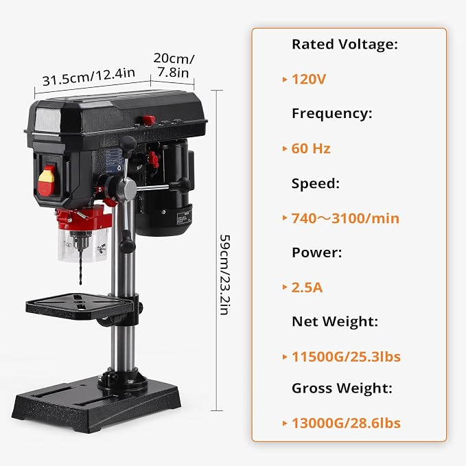 8 Inch Benchtop Drill Press, 5 Speed Adjustable 2.5A Mini Tabletop Drilling Machine with Swing Distance, 0-45° Tilting Worktable for Wood & Metal