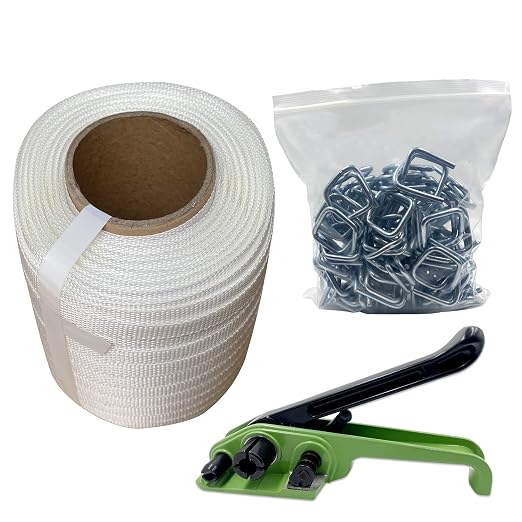 1/2" x 660’Woven Cord Strapping Roll and Strapping Tensioner and Galvanized Strapping Buckles