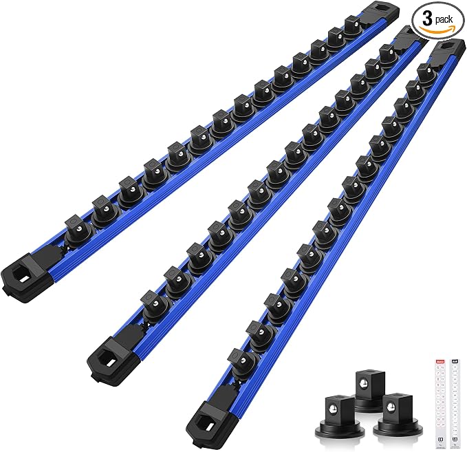 Reniteco Magnetic Socket Organizer Set, 3PC 3/8-Inch Drive Aluminum Alloy Socket Rail, Heavy Duty Magnetic Socket Holder for Tool Box Drawer, 360° Swivel Socket Rack, 3/8" x 42 Clips, Blue