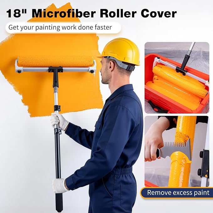 Mister Rui 9-Piece 18" Paint Roller Kit with Extension Pole 4 FT, 18 inch Microfiber Roller Sleeves, Long Paint Rollers for Painting Walls & Ceilings - Professional Painting Supplies Set