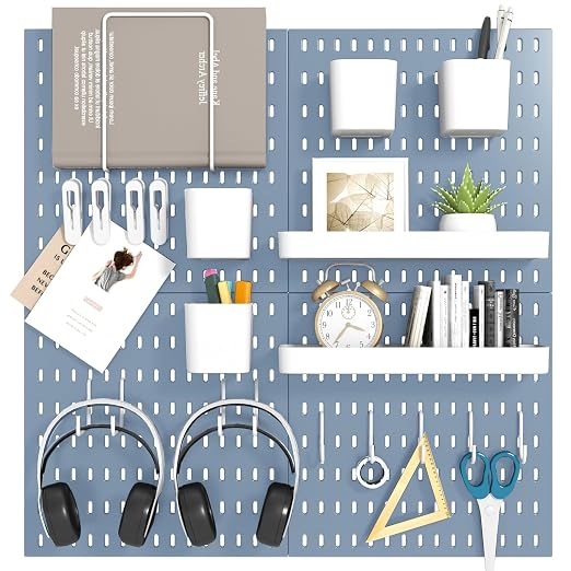 Peg Board Combination Kit, 4 Pegboards with 20 Accessories, Pegboard Wall Organizer for Office, Nursery & Home Storage, Key Holder, 25.6"x25.6" – Nail-Free Installation（Blue）