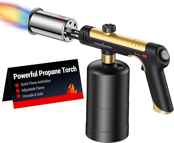 ThermoMaven Propane Torch with One-Touch Max Fire, Cooking Blow Torch Gun with a Safety Lock, Charcoal Lighter, Flame Thrower, Kitchen Food Torch Head for Grill, Sous Vide, BBQ, Gold