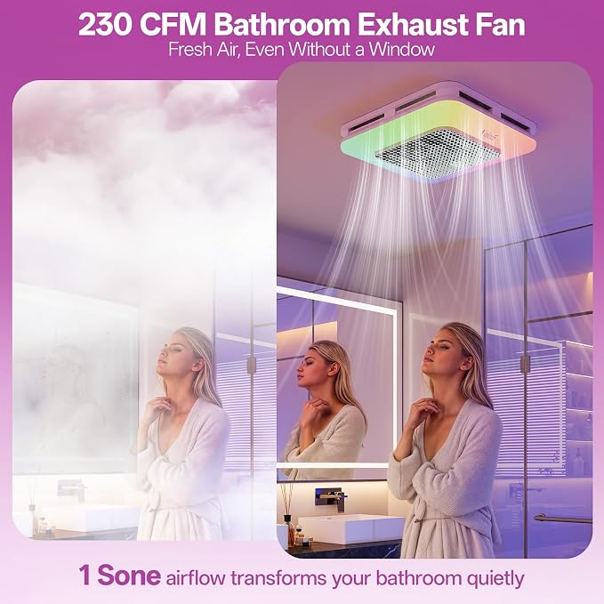 VallisCo Bathroom Exhaust Fan with Light, Odor & Humidity Sensors, 230 CFM Quiet Ceiling Fan with Remote, Timer, 3 Dynamic RGB Lights, 2700K–6500K Dimmable, Wall/Ceiling Mount (Black-to-White)