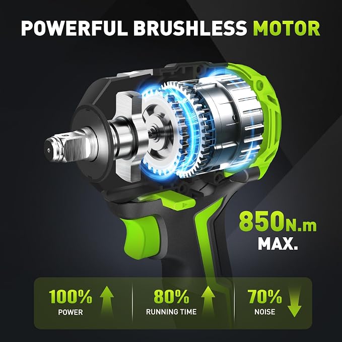 1/2 Brushless Cordless Impact Wrench Kit, Max 850Nm (630ft-Lbs) Lightweight Electric Impact Gun with Variable Speed, 1 Pack 20V 4Ah Battery, 4 Sockets for Home & DIY Project