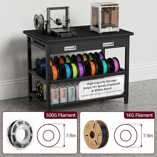 3D Printer Stand with Filament Storage - Heavy Duty 3D Printer Table with Metal Drawer, 36 inch 3 Tier Metal 3 D Printing Desk for 3 D Printers, Black