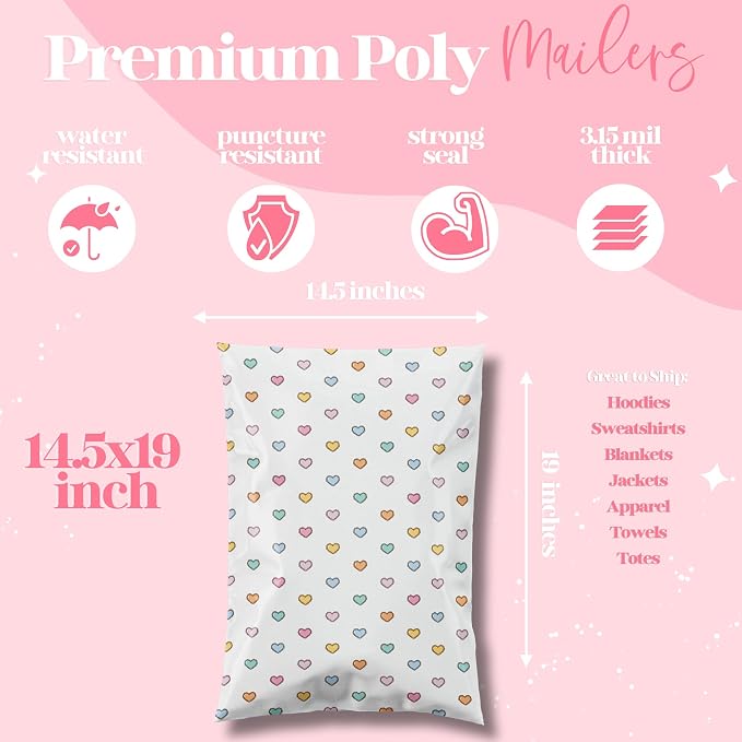 Pretty Package Store Designer Poly Mailers 14.5x19, Preppy Hearts, 100 Pack | Heavy Duty, Waterproof, Self Seal, Tear Resistant, Shipping Bags for Small Business Packaging, Bulk Mailing Envelopes