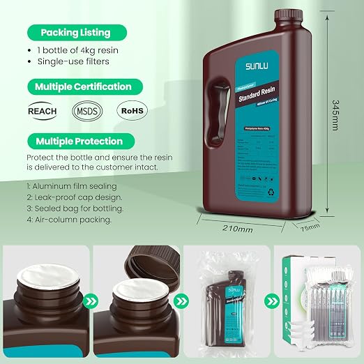 SUNLU 3D Printer Resin Bundle, 395 to 405nm UV Curing 3D Printing Liquid Photopolymer Resin, Low Shrinkage and High Precision,(Grey+Black+White+Beige,1kg Per Bottle,4kg in Total)