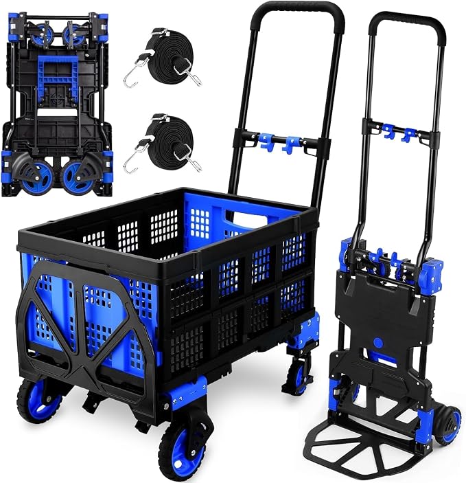 2 in 1 Folding Hand Truck with Folding Basket,330lbs Capacity Heavy Duty Hand Truck,with Telescoping Handle and Rubber Wheels,Portable Dolly Cart with Bungee Cords for Moving,Travel,Shopping