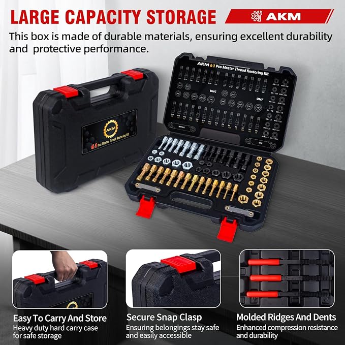 AKM 61Pcs Thread Restorer Kit, Rethread Repair Tool, UNC UNF & MetricThread Chaser Set with Thread Pitch Gauge