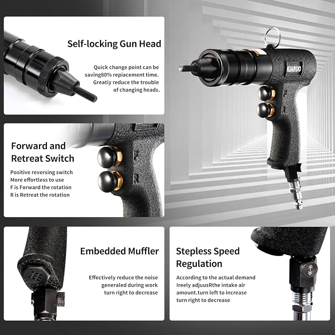 Pneumatic Rivet Nut Gun with Self-locking Head Gun 1/4 & 5/16 & 3/8 Mandrels,Industrial Grade Adjustable Speed Pull Rivnut Gun Model:LM07 Button Switch