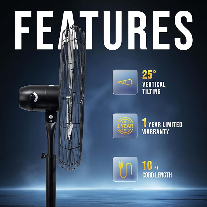 Tornado 30 Inch High Velocity Stationary Non-Oscillating Metal Pedestal Fan Commercial, Industrial Use 3 Speed 8850 CFM 10 FT Cord UL Safety Listed, Black