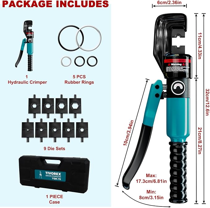 Hydraulic Crimping Tool Kit-12 AWG to 2/0 AWG for Wire Battery Cable Lug, Terminal Crimper Tool with 9 Die Sets, 1/8” Wire Rope Crimping Tool