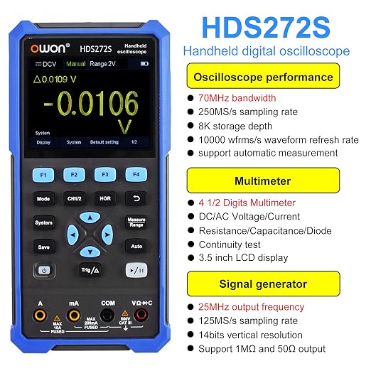 OWON 3 in 1 HDS272S Handheld Digital Oscilloscope 70MHz 2 Channels Digital True-RMS Multimeter (Owon HDS272S)