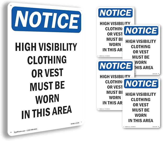 High Visibility Clothing Or Vest OSHA Notice Rigid Plastic Sign 14 Inch x 10 Inch - 5 Pack