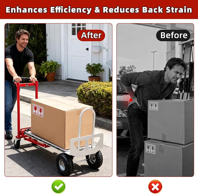 Aluminum 4 in 1 Convertible Hand Truck Dolly, 1000Lbs Capacity, Heavy Duty Folding Hand Truck Dolly Cart with Wheels 10" All-Terrain Tires, Hand Trucks for Logistics, Home, Office, School, Red