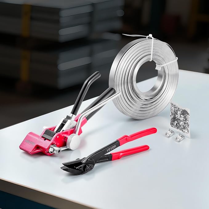 VEVOR Steel Banding Strapping Kit, Heavy Duty Banding Sealer Tool with 200 ft Binding Straps, 200 Metal Clasps, Manual Pallet Packaging Strapping Kit for Warehouse, Transportation, Industrial Bundling