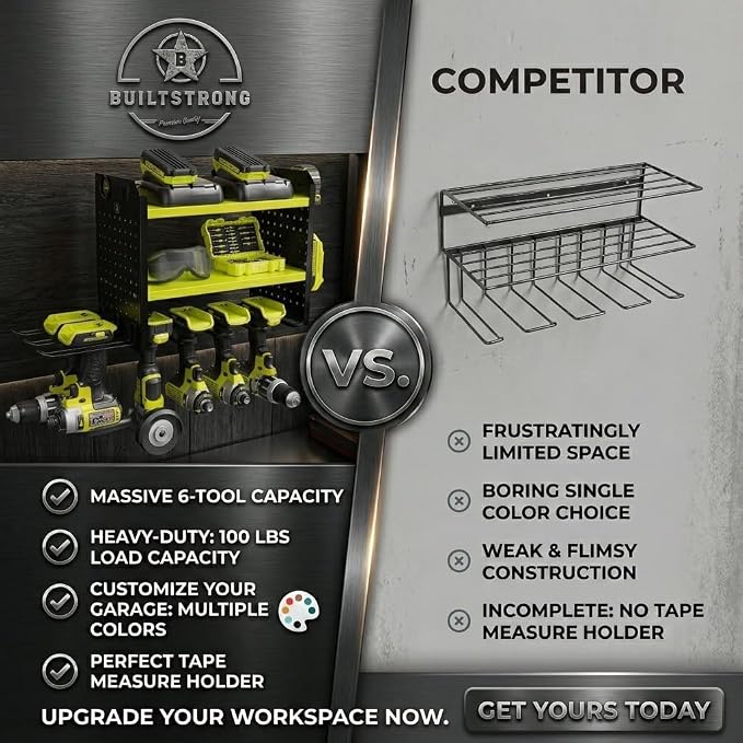 BUILTSTRONG Power Tool Organizer Wall Mount – 3-Tier Heavy-Duty Steel Rack, 6 Drill Slots, Dual Pegboard Sides, Side-by-Side Modular, 100 lb Capacity – Garage & Workshop (Green)