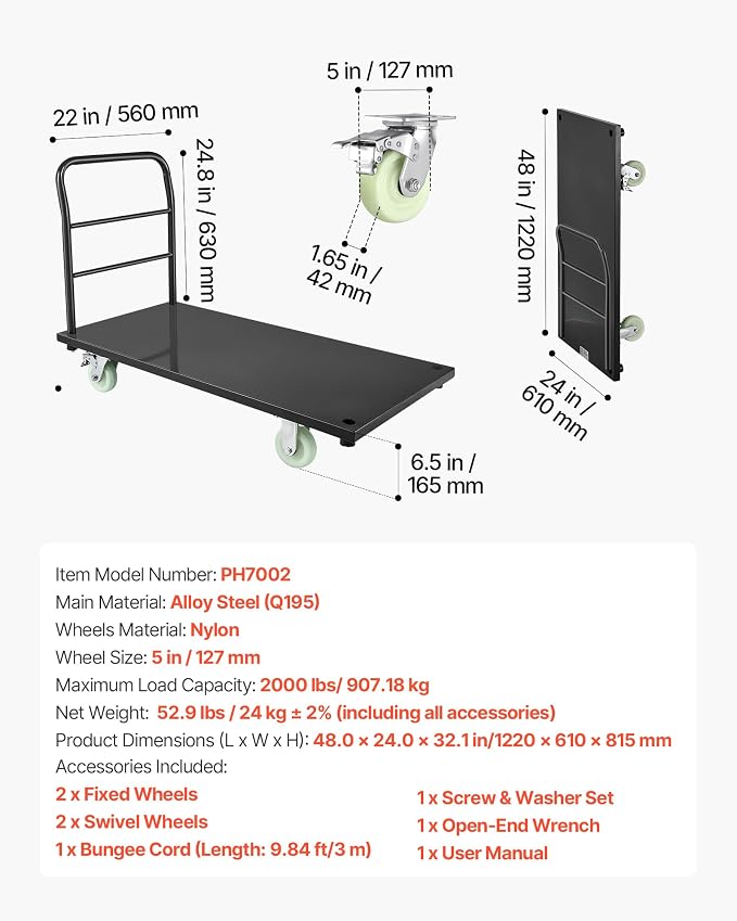 VEVOR Heavy Duty Platform Truck, 2000 LBS Industrial Steel Flatbed Cart with 360° Swivel Wheels, Platform Push Cart Dolly, Easy Storage for Warehouse/Garage/Moving/Garden (48" x 24" x 32")