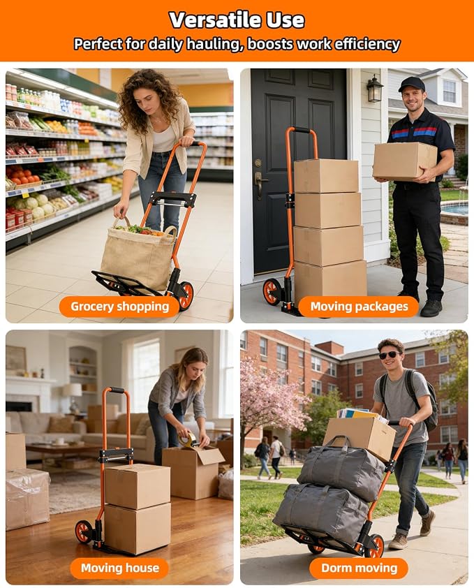 Folding Hand Truck, 180Lbs Capacity, Portable Dolly Cart with 5.9" Wheels and Telescoping Handle, Lightweight Hand Truck Dolly for Dormitory, Home, Office, Food, Shopping, logistics, Warehouse, Orange