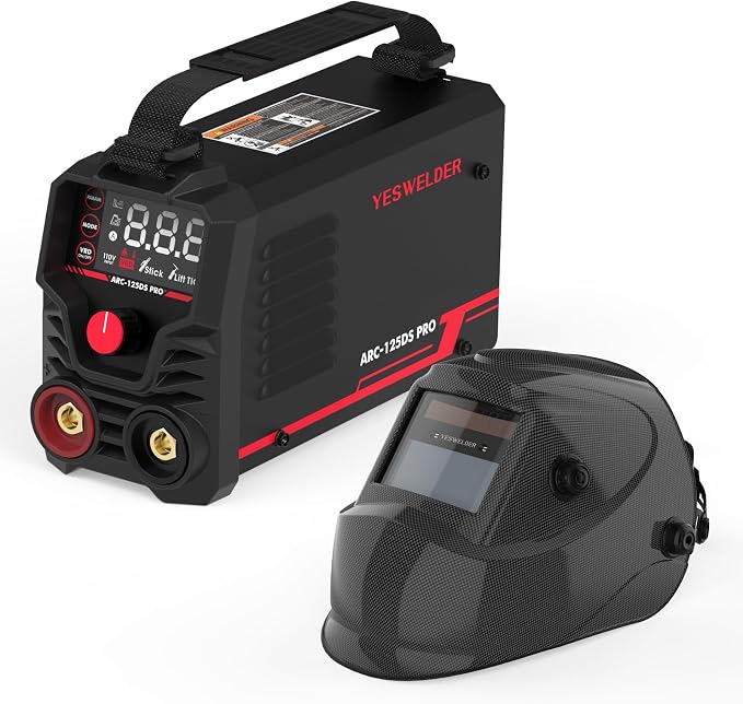 YESWELDER 125Amp Mini Stick Welder Large LED Display IGBT ARC Welding Machine & True Color Solar Powered Auto Darkening Welding Helmet