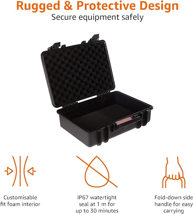 Amazon Basics Portable Hard Camera Case for DSLR Equipment, Customizable Fit, Protective Water Resistant, Medium, Black, 18"L x 14"W x 6"H