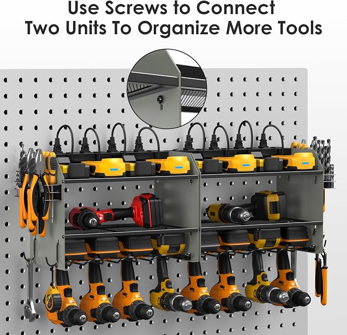 CCCEI Modular Power Tool Organizer Wall Mount Charging Station, Grey 6 Drills Holder with 8 Plug Power Strip 6FT, Garage Drill Battery Heavy Duty Metal Shelf, Utility Rack with Hooks, Side Storage.