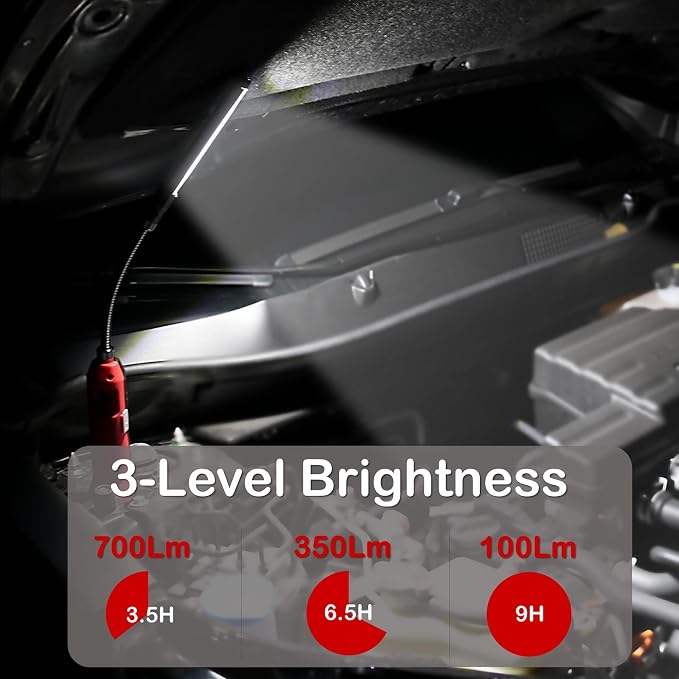SCI Rechargeable LED Work Light, 360° Flexible Gooseneck, IP54 Waterproof, 3 Modes (100-700 Lm) 3350mAh Portable Magnetic Light, Car Repairing/Mechanic/Emergency/Camping (929A), Fathers'/Dads' Gift