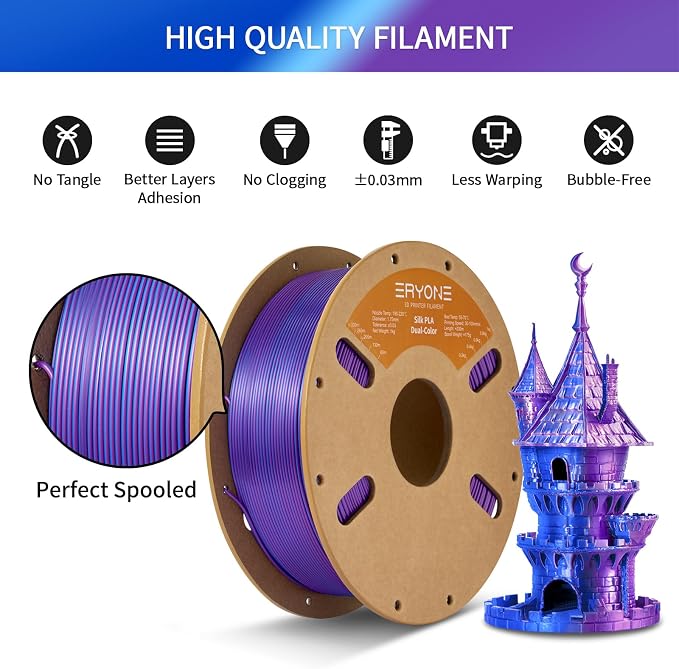 ERYONE Silk Dual Color PLA Filament 3D Printer 1.75mm +/- 0.03mm, Bicolor Filament Two Tone PLA 1KG(2.2lbs) Cardboard Spool, Purple Blue