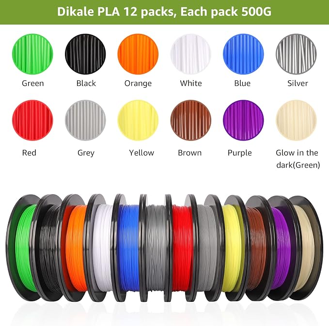 PLA Pro 3D Printer Filament Packs 1.75mm, dikale 12 Packs Assorted Colors, Neatly Wound 500g(1.1lbs) per Spool Refills PLA+, in Total 6KG Bundles, Fit for FDM Ender 3 3D Printer etc