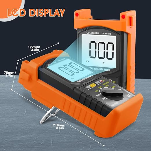 Megohmmeter for Insulation Testing, 200G Ohm Insulation Resistance Tester for Voltage (500V/1000V/2500V/5000V) & Resistance Measurement (1MΩ~200GΩ), Auto Ranging, Backlight Display, Data Hold