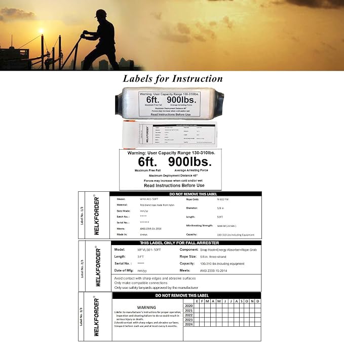 50FT Vertical Lifeline Assemble Three Strand Rope Fall Protection with Rope Grab Snap Hooks Shock Absorber Fall Protection Safety Equipment ANSI Compliant