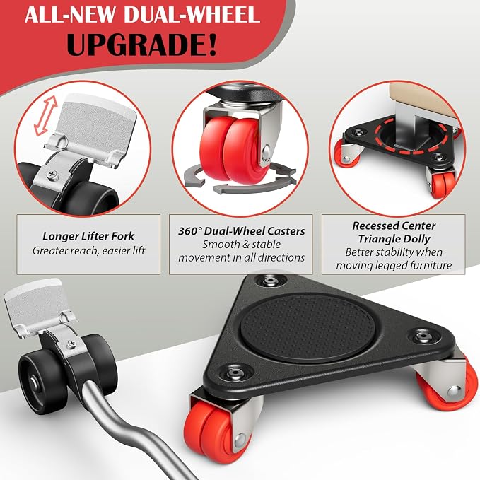 ONEON Heavy Duty Furniture Movers with Wheels Dolly with Auxiliary Lifter, All-New Upgraded Carbon Steel Panels & Dual-Wheeled Casters, Supports up to 1320 lbs (L+Tri)