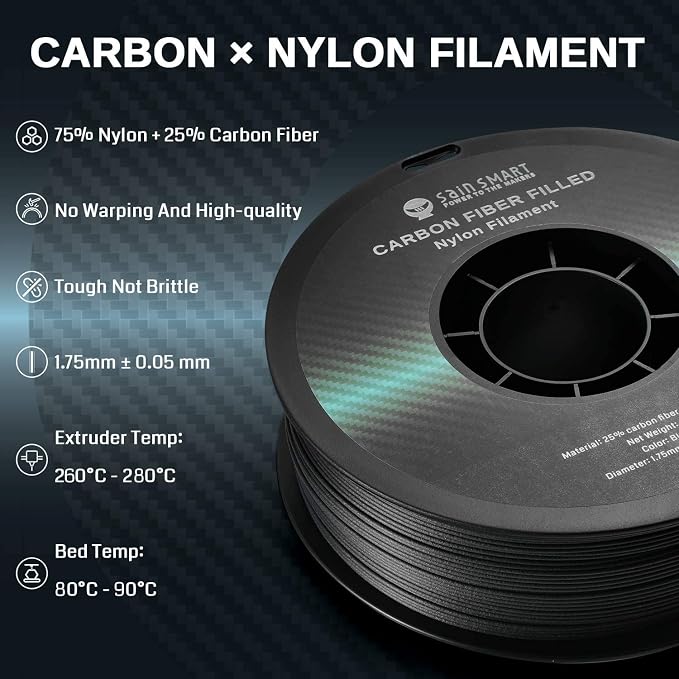 SainSmart 1.75mm Black ePA-CF Carbon Fiber Filled Nylon Filament 1KG (2.2lbs) Spool for 3D Printer