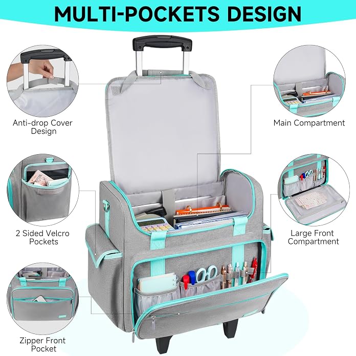 Rolling Teacher Bag with Wheels,Large Briefcase with Detachable Trolley&17in Laptop Sleeve for Women Work Travel