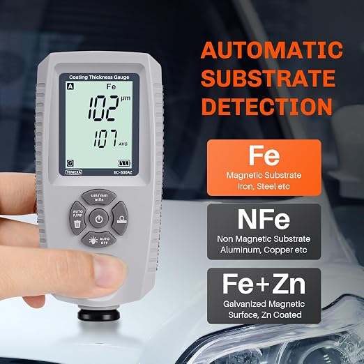 Paint Thickness Gauge for Cars, 0–2000μm Digital Coating Meter for Used Car Inspection, Auto Fe/NFe/Fe+Zn Detection, ±(3%+1μm) Accuracy with AVG/MAX/MIN Statistics