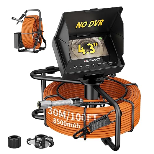 Sewer Camera 100FT/30M Pipe Inspection Borescope Endoscope Camera with Light 12 LEDs 4.3" IPS Screen 22MM Plumbing Snake 8500Mah Battery (30M NO DVR Function)