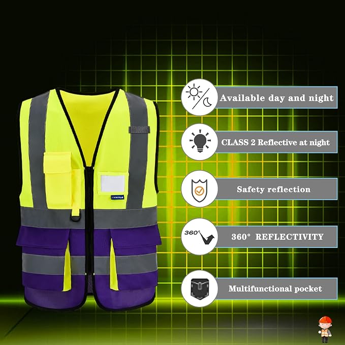 A-SAFETY Yellow purple reflective Working Vest with Zipper Pockets | Yellow/Purple M Polyester work vest with clear ID pocket, radio mic loop and reflective strips for specialized technicians.