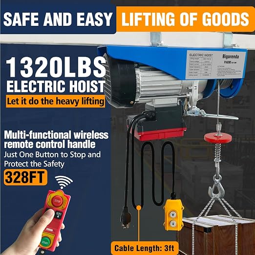 Electric Hoist 2 in 1,Electric Hoist 1320lbs, Bigorenda 110v Electric Hoist Winch with 328ft Wireless Control & Wired Remote Control, 65.6ft Lifting Garage Lift Hoist,for Factories, Warehouses, Attic