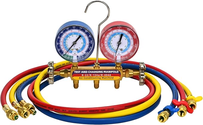 2026 Upgrade 42006 Test and Charge Manifold Set with 3-1/8" (80 mm) Gauge, for R-22/134A/404A, 1/4" to 1/4" Standard Flare Fittings with 72"(6Ft), Hvac Gauges with Colored Label and Hoses Set
