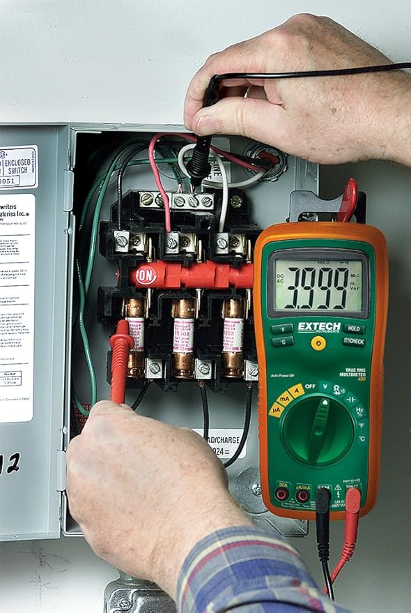 Extech by FLIR EX430A 11-Function True RMS Digital Multimeter with Type K Thermometer, Autoranging, CAT III Safety Rated | AC/DC to 1000V, current to 10A, resistance, capacitance, frequency, Type K temp, CAT III, holster