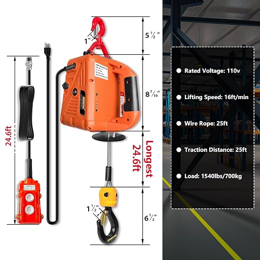 Power Electric Portable Hoist Winch 1500LBS, 3 in 1 Electric Cable Hoist 110V 25 FT with Lifting Strap, Electric Hoist Lift Ceiling Winch for Lifting Towing