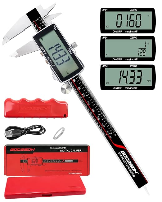GODESON Digital Caliper, 6 Inch Rechargeable & Power Indicator Caliper Measuring Tool - 0.01mm Accuracy, Large LCD Vernier Calipers - IP54 & Full Stainless Steel, MM/Inch/F for Wood Working, DIY，3D