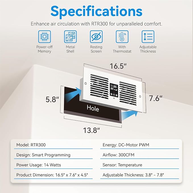 Room to Room Fan with Remote Control, 300CFM Through Wall Vent Fan with Temperature Control, 5-Speed Circulating Ventilation, for Kitchen, Laundry, Hardwired, RTR300-CV