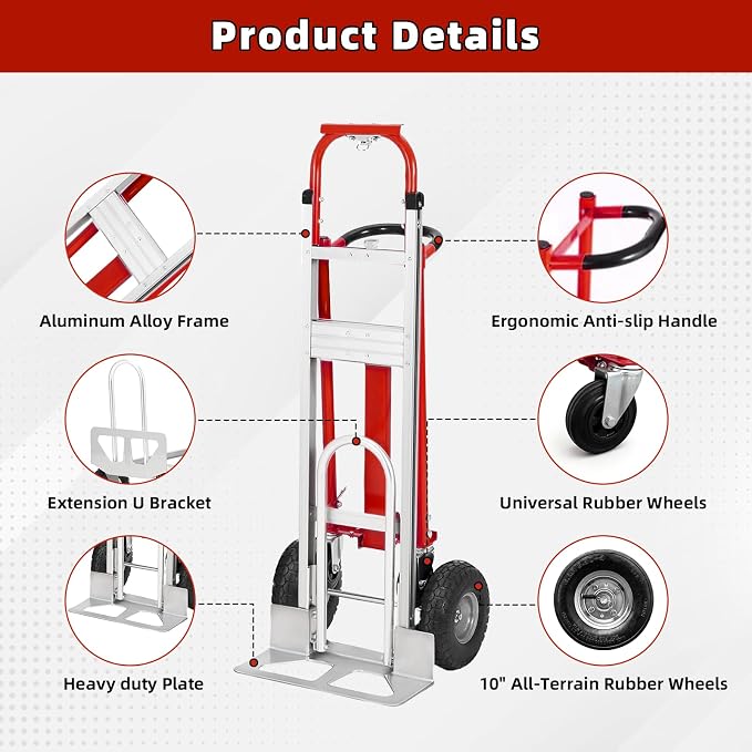 Aluminum 4 in 1 Convertible Hand Truck Dolly, 1000Lbs Capacity, Heavy Duty Folding Hand Truck Dolly Cart with Wheels 10" All-Terrain Tires, Hand Trucks for Logistics, Home, Office, School, Red