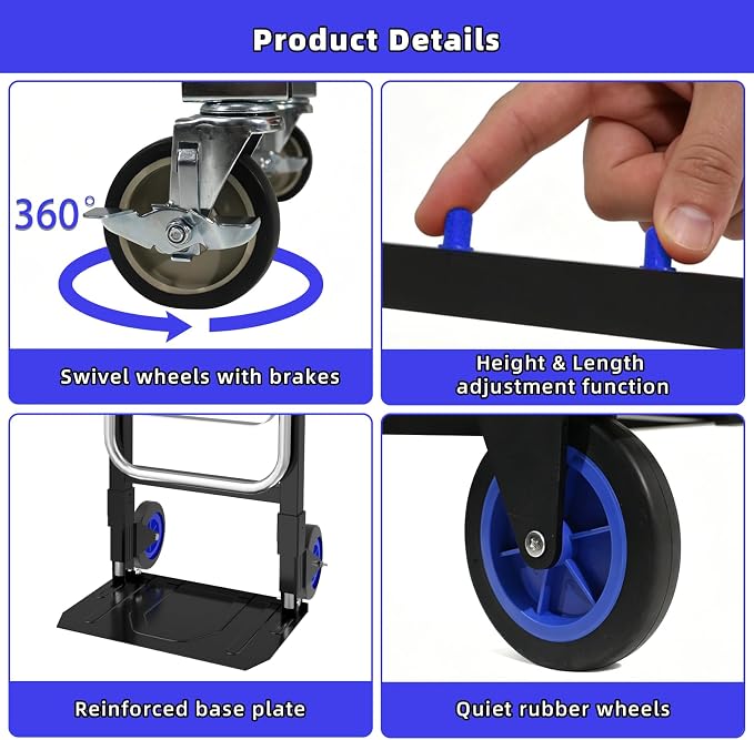 3 in 1 Hand Truck, 600Lbs Capacity, Heavy Duty Collapsible Cart with Retractable Handle, Dolly Cart with 2 Universal Wheel with Brake for Moving Home, Office, School, Shopping, Warehouse, Blue