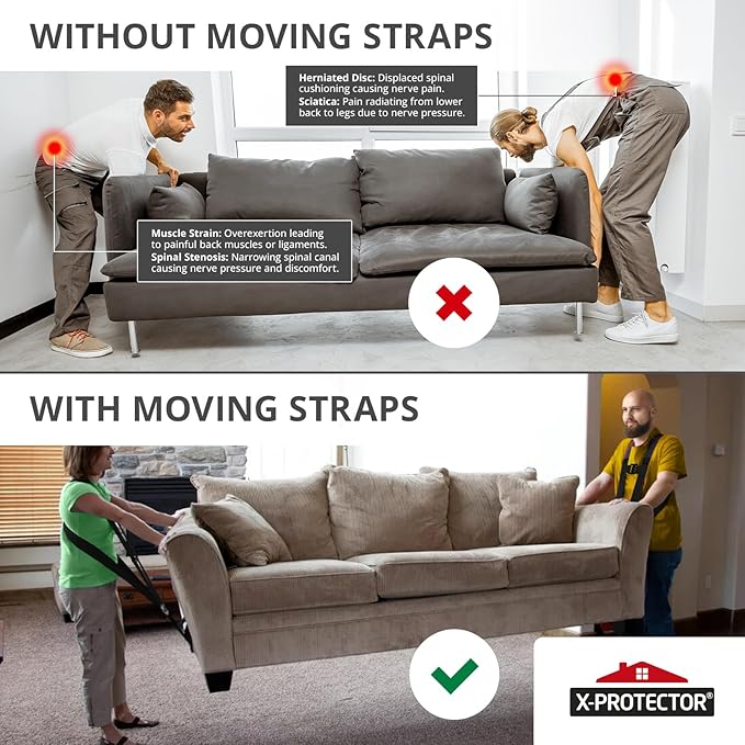 X-Protector Moving Straps - 2 Pairs - Lifting Straps for 2 Movers - Move Furniture Easily and Safely - Perfect for Lifting and Moving Heavy Objects! (with Back Support)